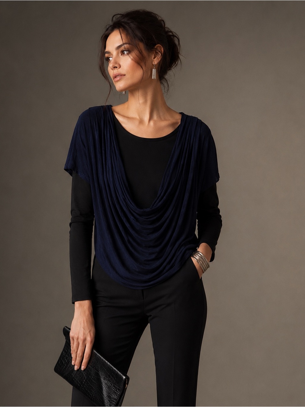 Robert Rodriguez Navy Black Layered Cowl Neck Draped Top Twofer EUC M #2631